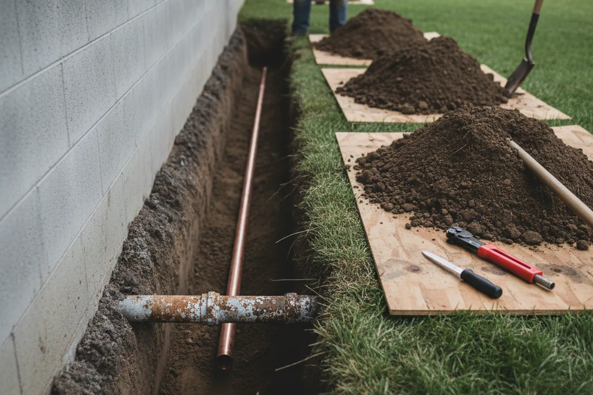 Excavated water line trench during Water Softener Installation in Claremont